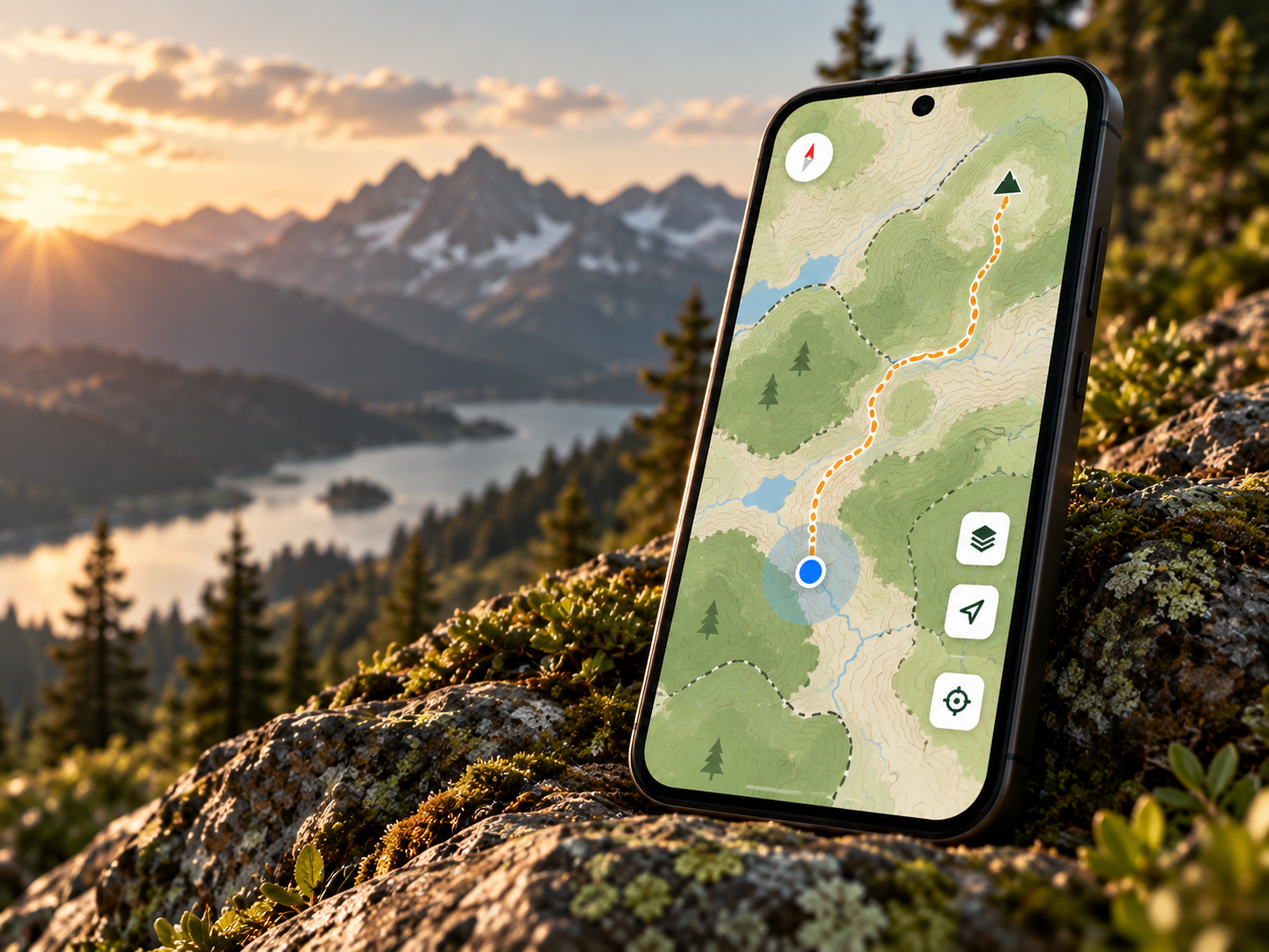 Outroads pe un telefon, cu hartă topografică și traseu montan
